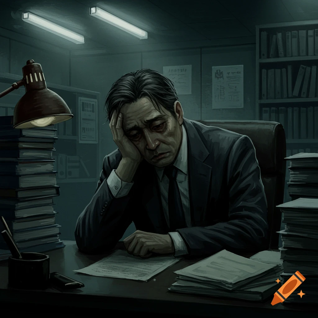 A sad, tired man, likely a lawyer, is slumped over a desk overflowing with papers in a dark office.