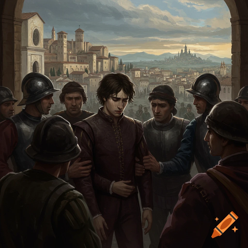 A sad young man being led by guards through a town square with a city in the background.