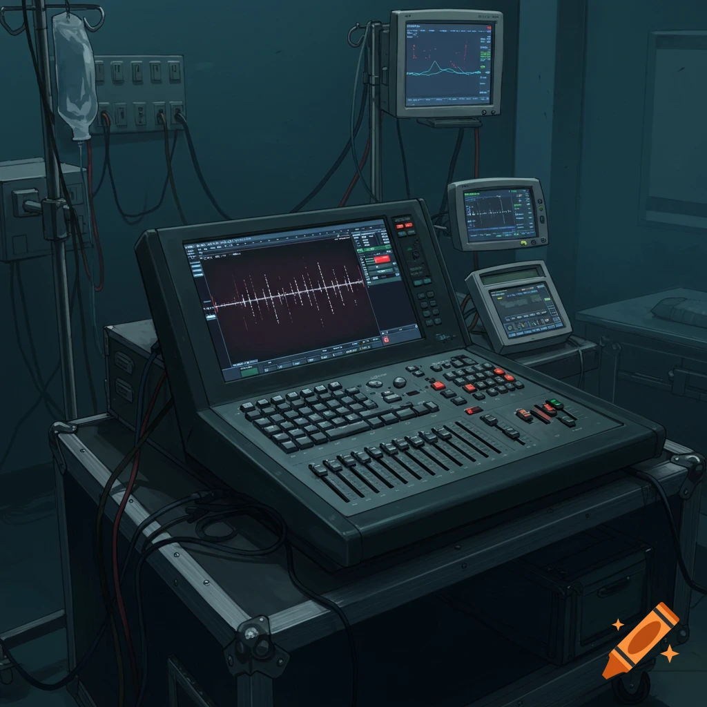 A large audio console and medical monitors in a dark room