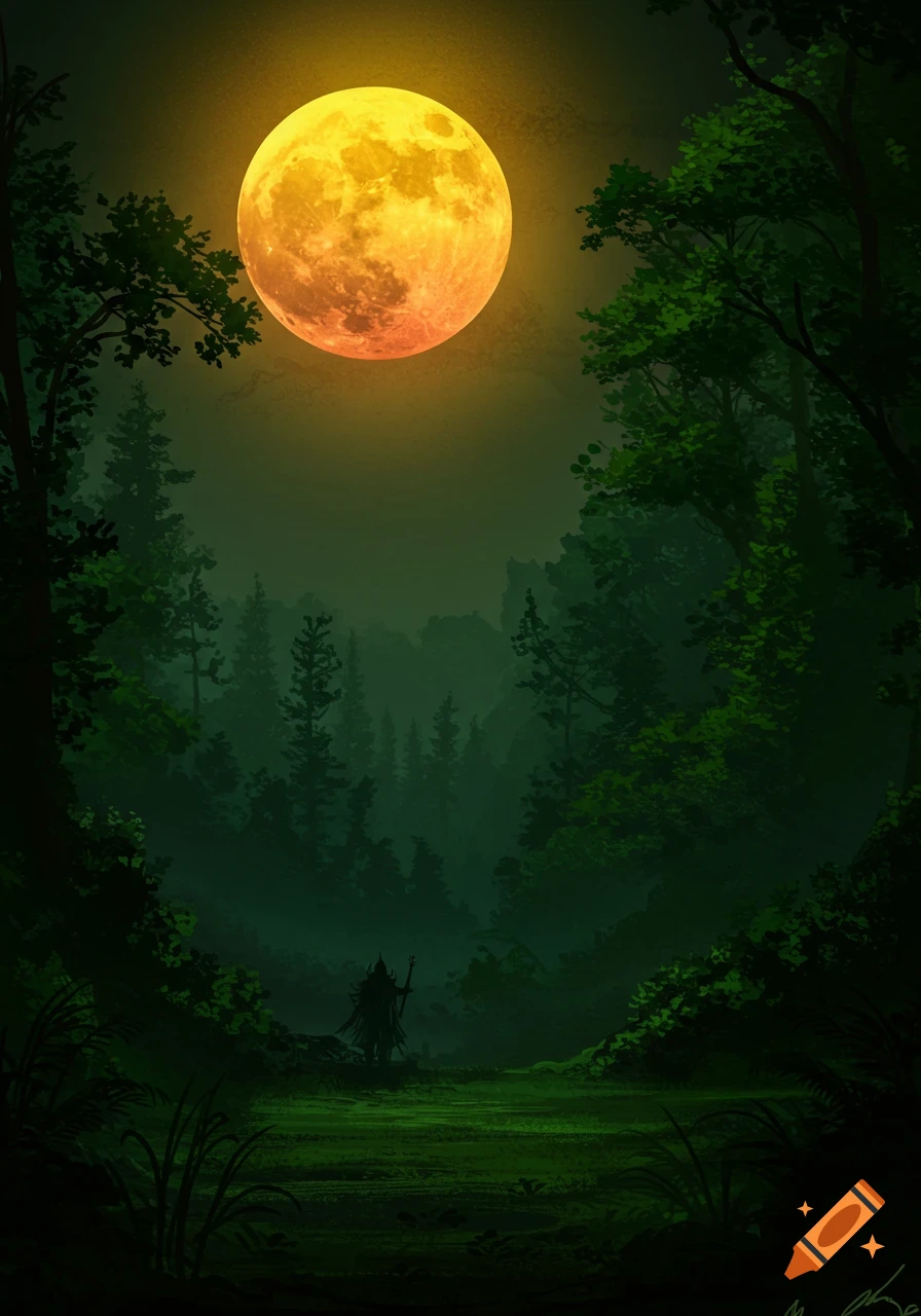 A dark fantasy image of a forest at night with a large full moon and a distant silhouetted figure.