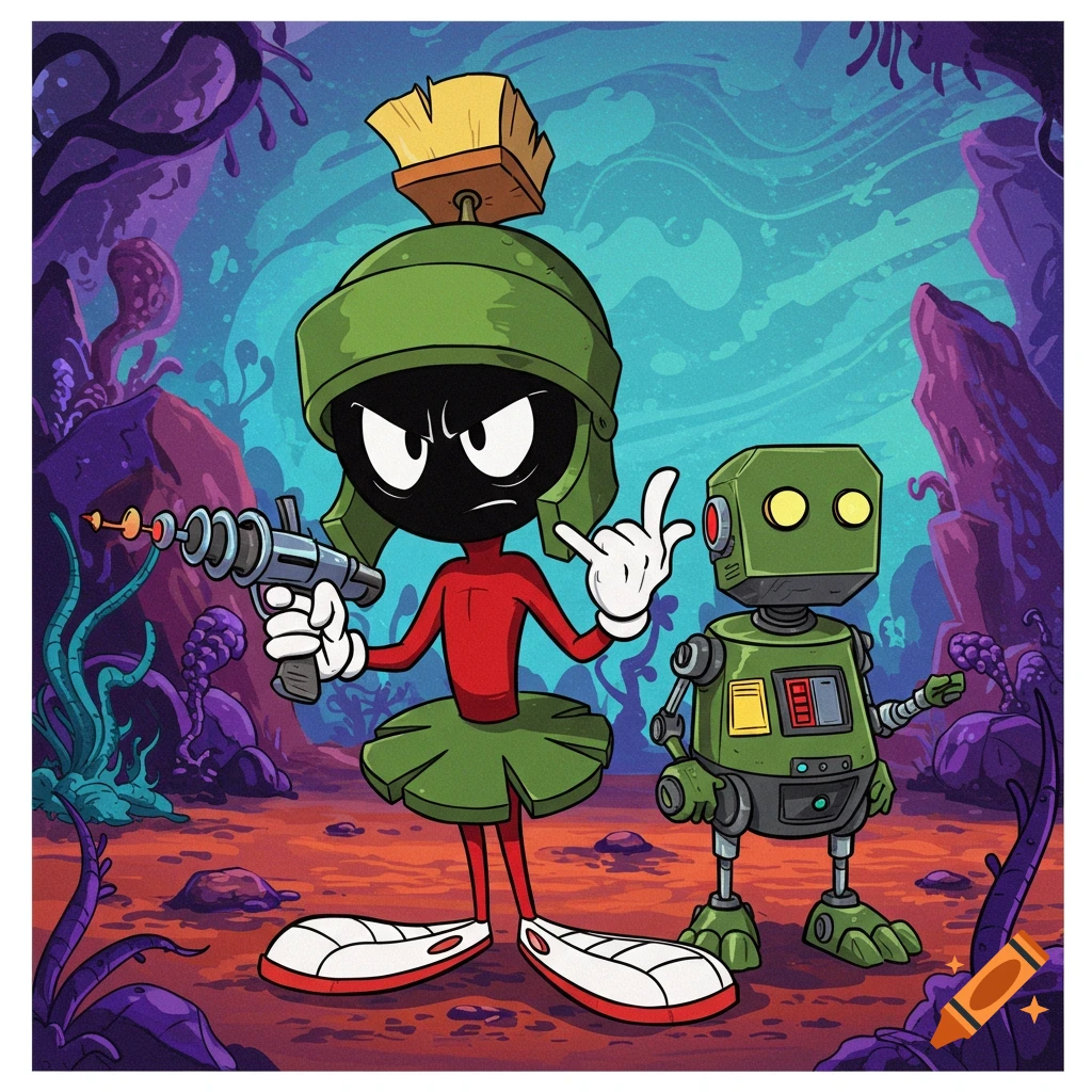 Marvin the Martian and K-9 on an alien planet, Marvin making a hang loose sign.
