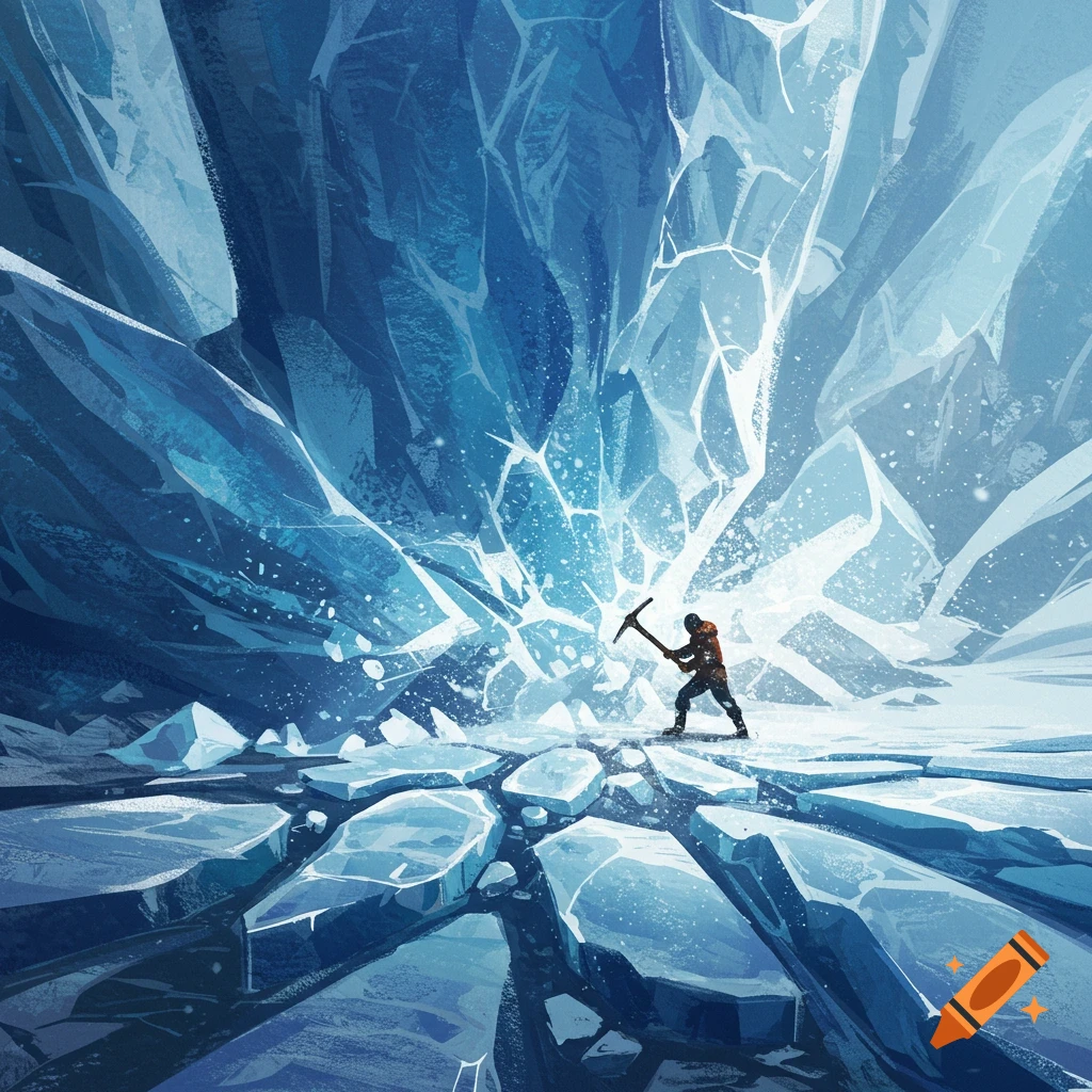 A person breaks a large sheet of ice with a pickaxe.