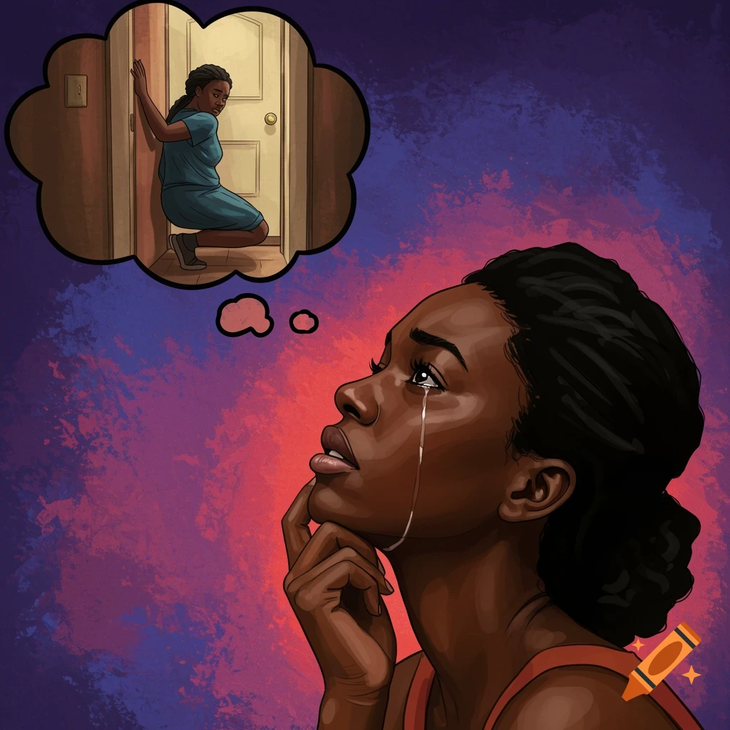 A tearful woman thinking, a thought bubble shows her younger self scared by a door.