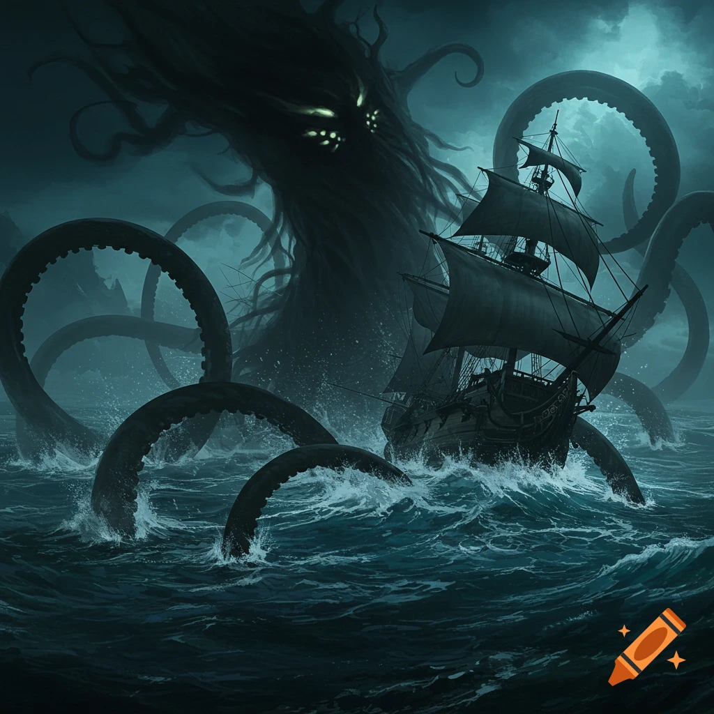 A sea monster attacks a sailing ship in a storm.
