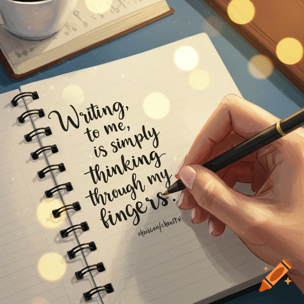 A hand writes a quote in a notebook with a pen, coffee cup, and bokeh lights.