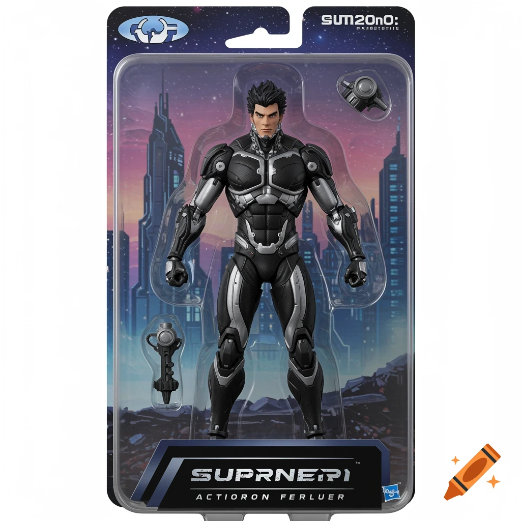Action figure of a male character in a futuristic black and silver suit, packaged in clear blister pack with sci-fi city background.