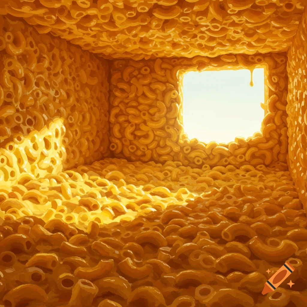 A room overflowing with macaroni and cheese, lit by a window.