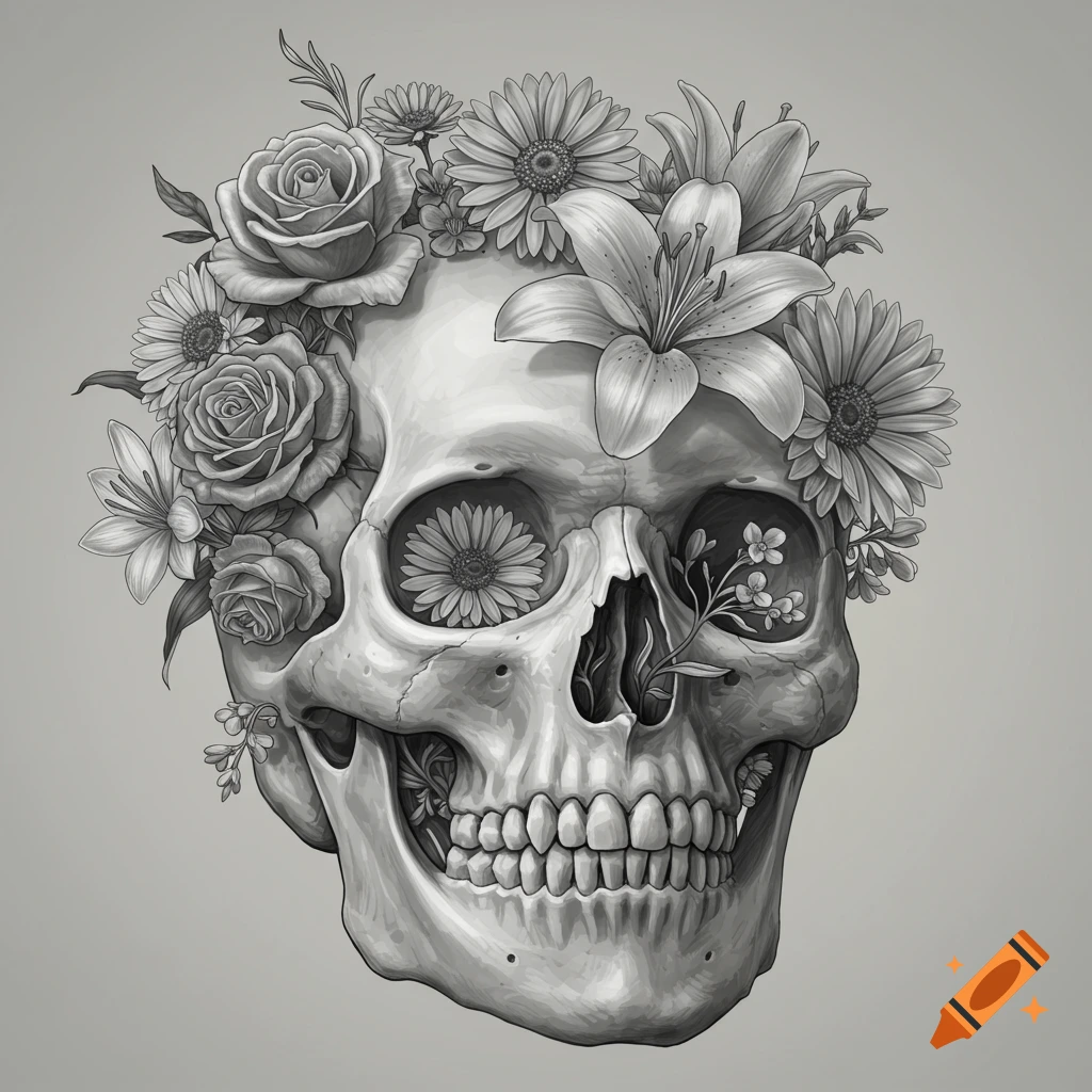 Black and white illustration of a skull with flowers growing around it.