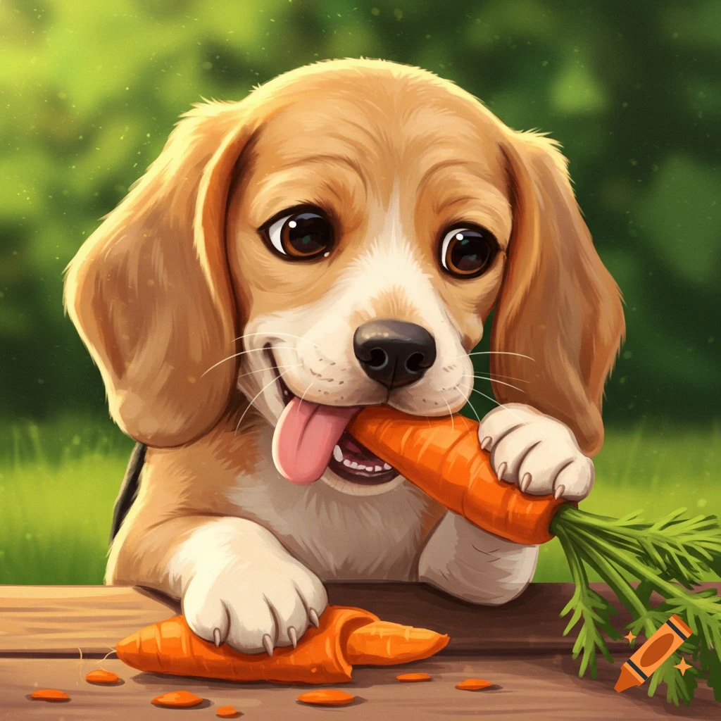 A cute beagle puppy eating a carrot outdoors.