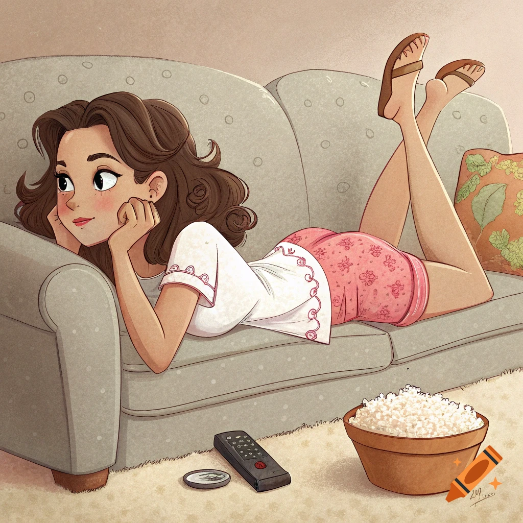 Cartoon illustration of a woman in pajamas lying on a sofa with popcorn and a remote, relaxing and watching TV.