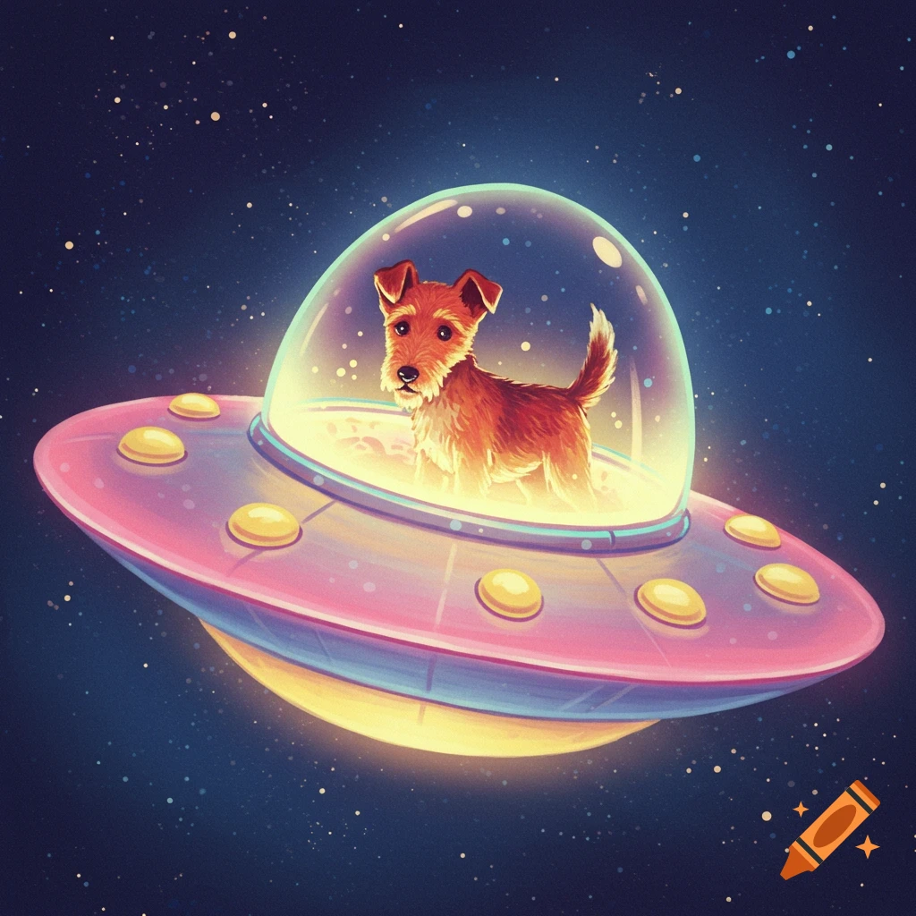A small dog sitting inside a pink and blue flying saucer in space.
