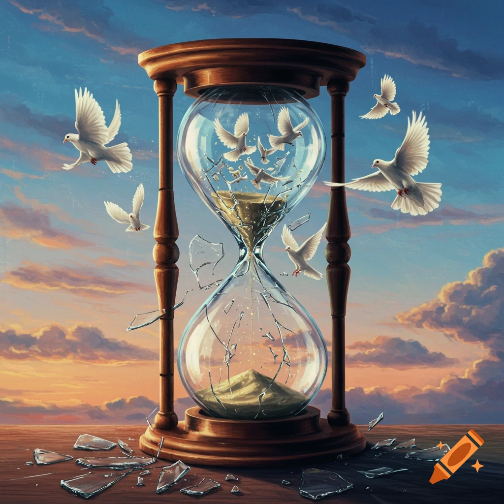 White doves flying from a broken hourglass at sunset