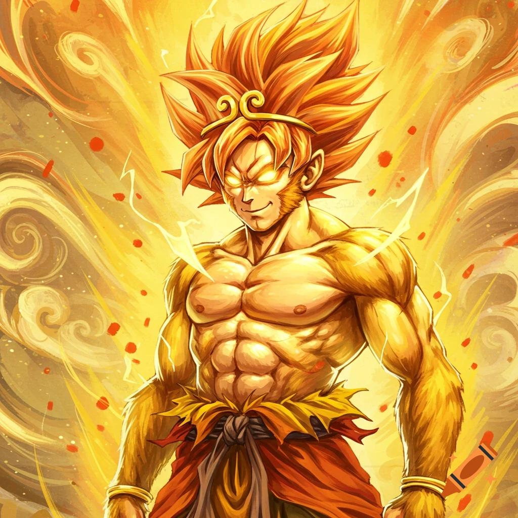 Muscular golden character with spiky hair and glowing eyes, surrounded by energy.