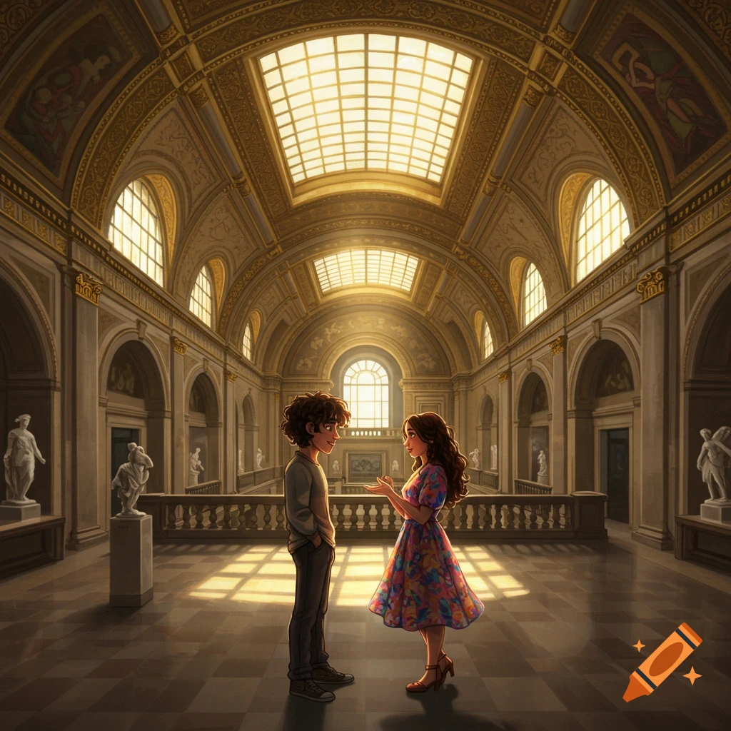 Illustration of a cartoon couple talking in a grand museum hall.