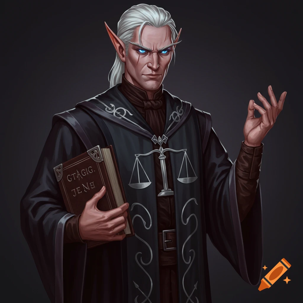 A fantasy elf in black robes with a scale of justice symbol, holding a book.