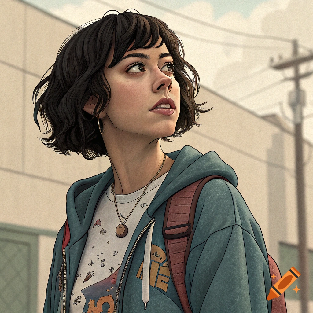 Illustrative portrait of a young woman with short dark hair looking up, wearing a hoodie and backpack, outdoors.