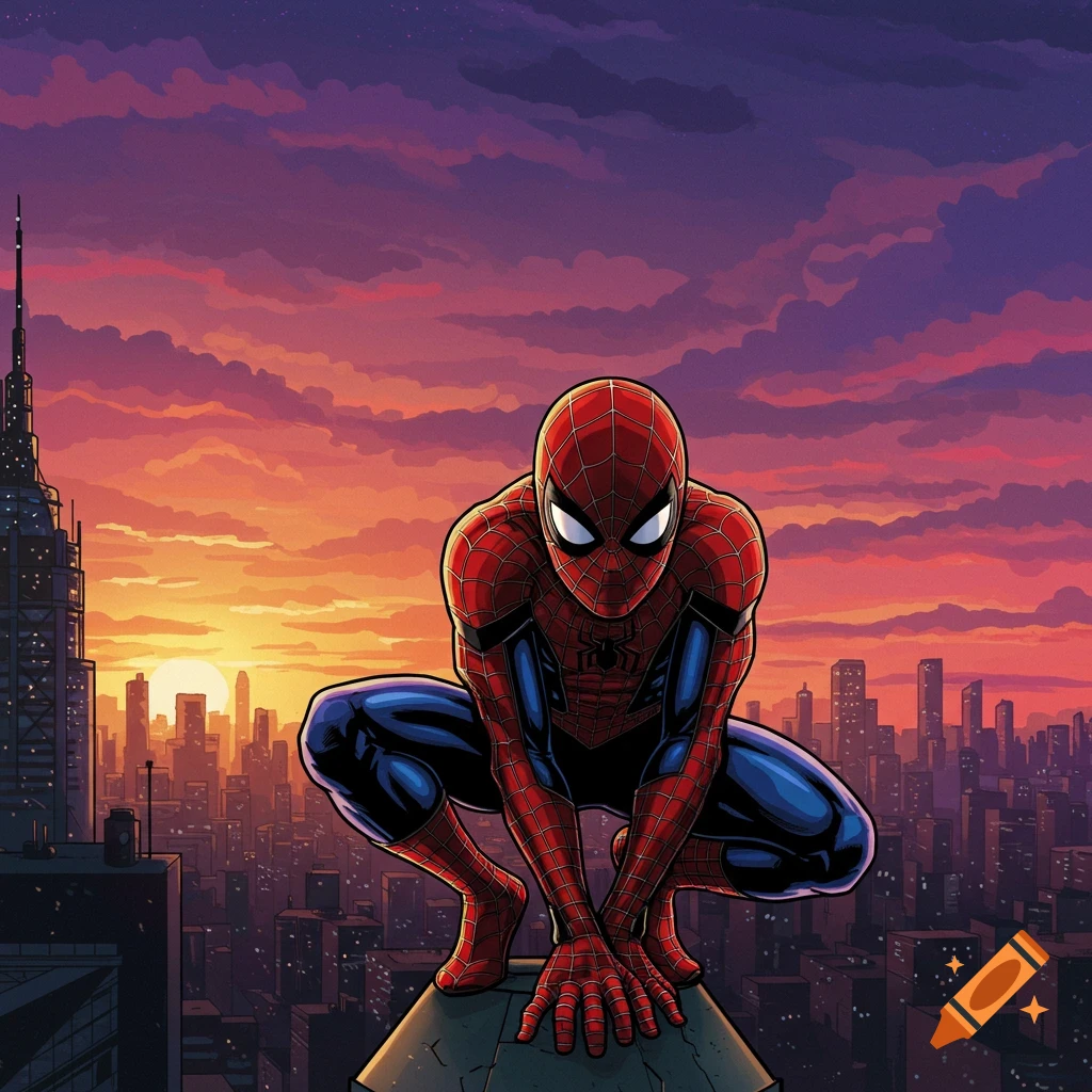Spider-Man crouches on a building overlooking a city at sunset in a comic book style.
