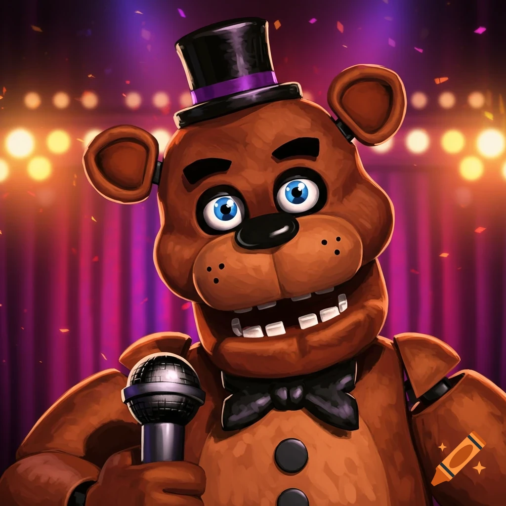 Freddy Fazbear holding a microphone on a stage
