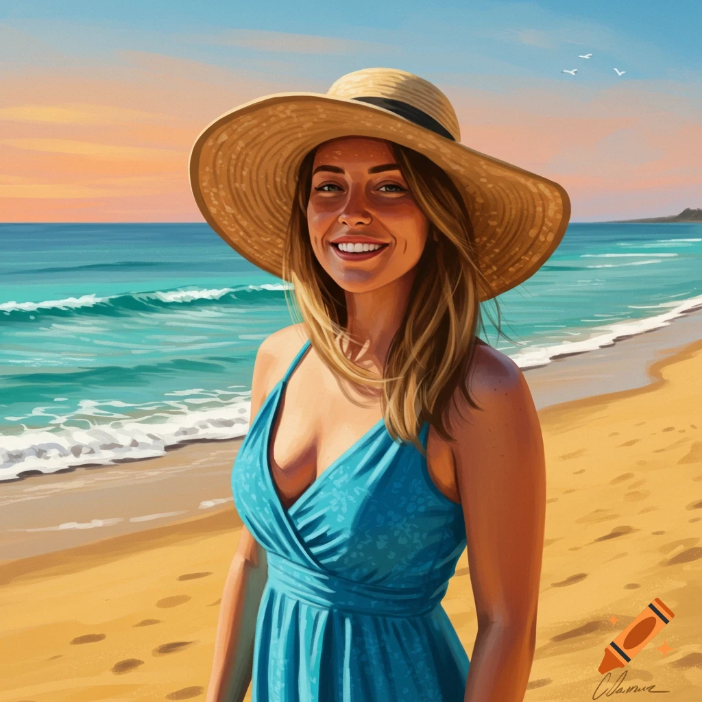 Woman in a straw hat on a beach