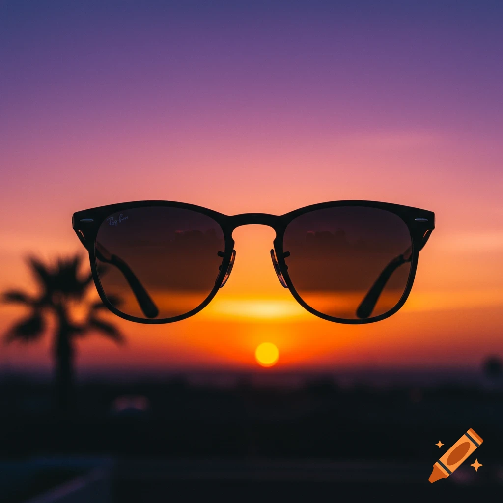 Black sunglasses held up against a vibrant orange and purple sunset sky.