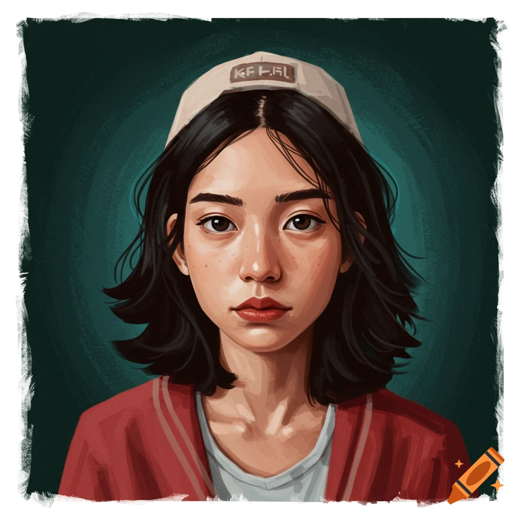 A portrait of a young woman wearing a beige cap and red jacket.