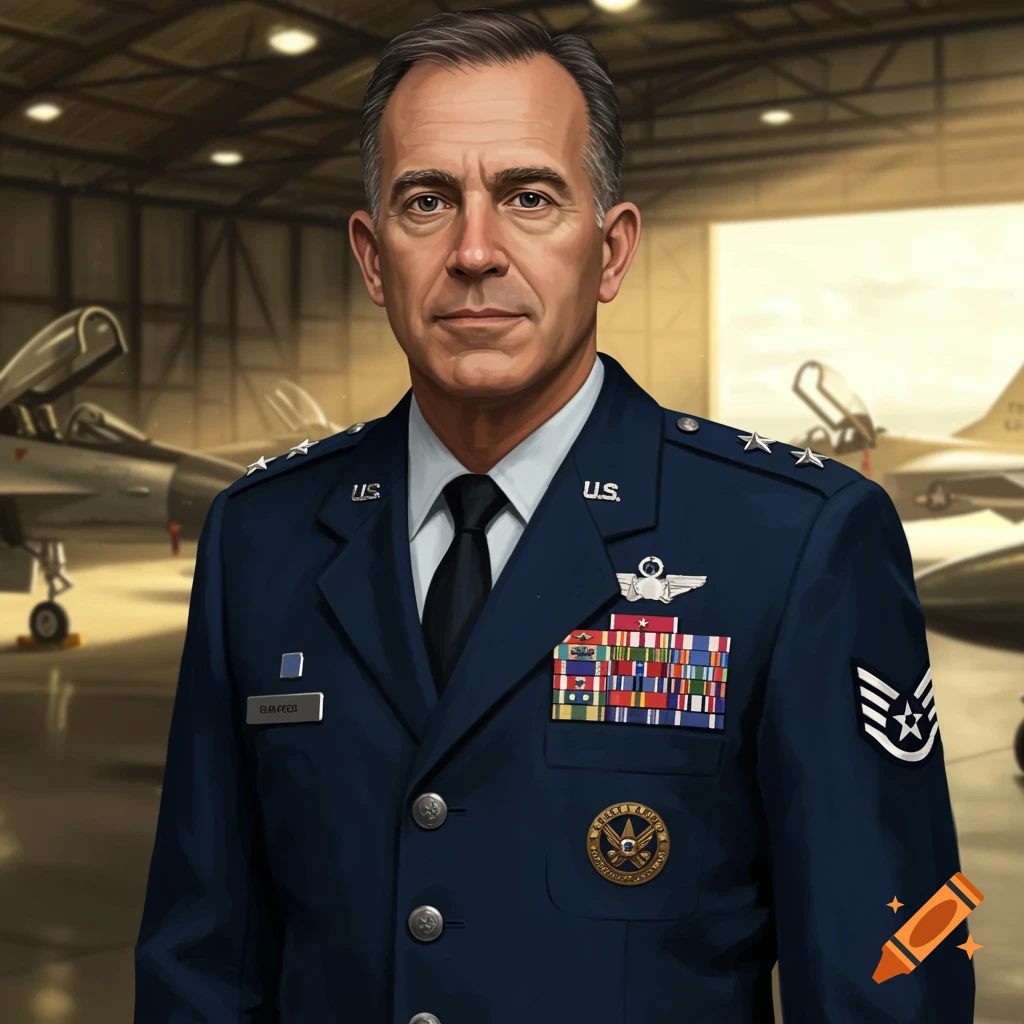 A man in a US Air Force uniform is standing in a hangar with vintage fighter jets.