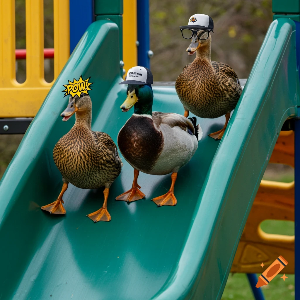 Three mallard ducks, one with a comic POW bubble, one with a backward cap, and one with glasses and a hat, slide down a green playground slide.