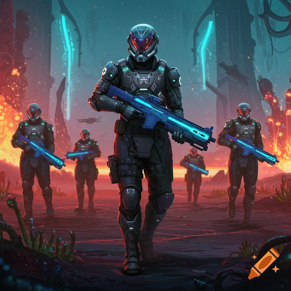 Futuristic soldiers walking forward on a battlefield with glowing structures.