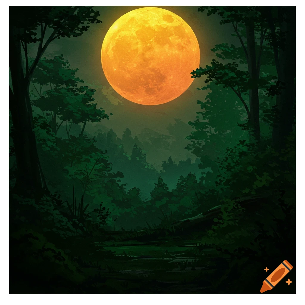 A dark fantasy image of a lush green forest at night under a large golden moon.