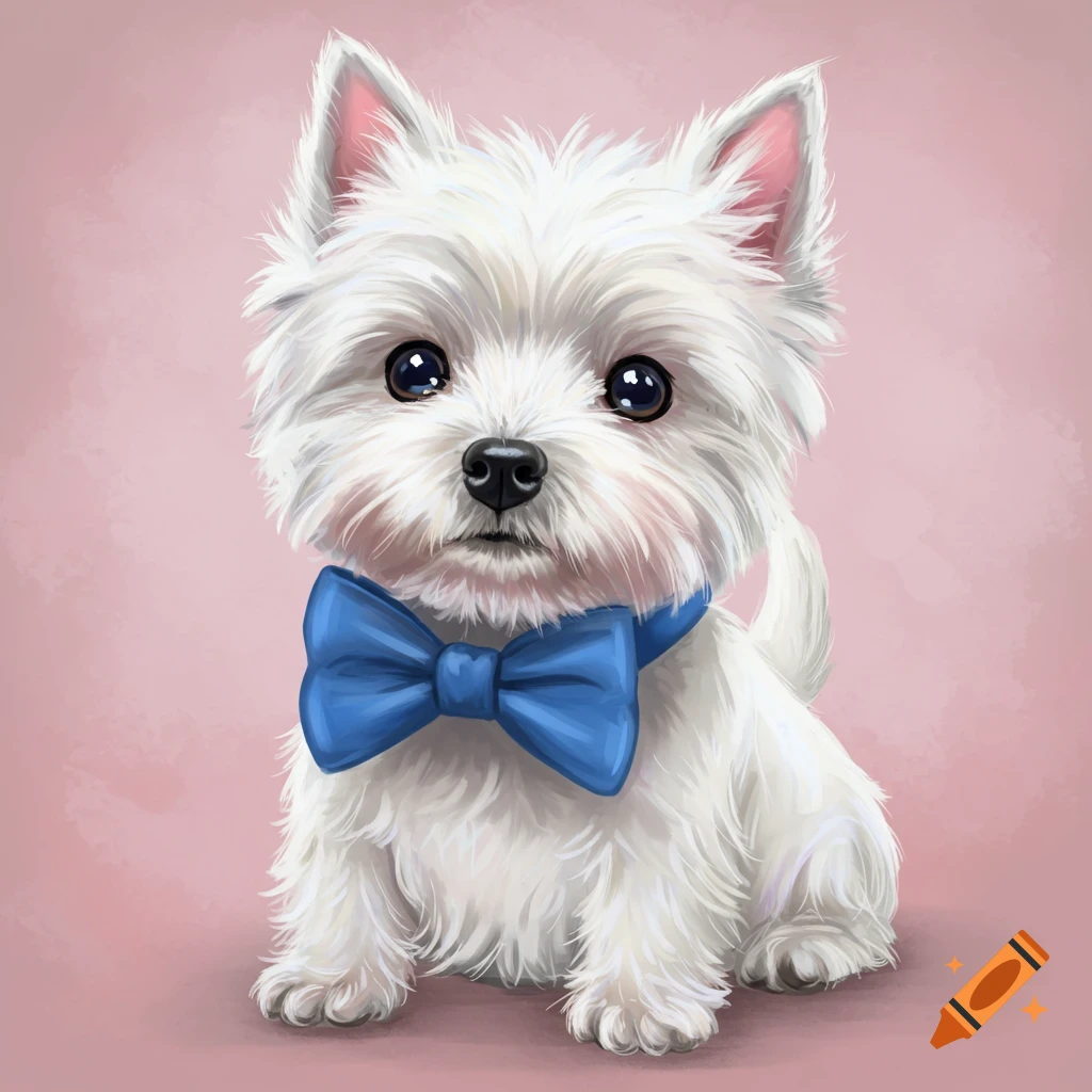 A cute white Westie dog wearing a blue bowtie.