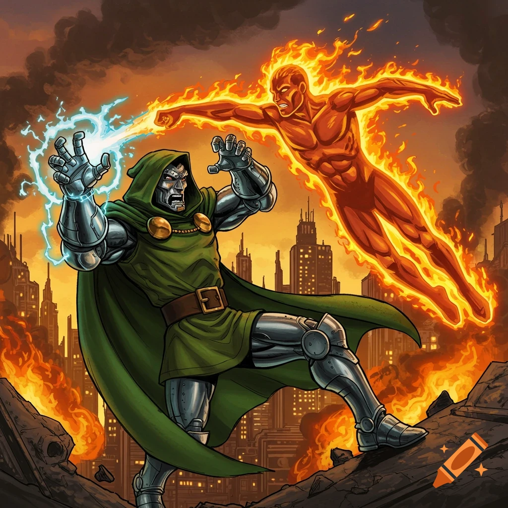 Doctor Doom fighting Human Torch in a burning city