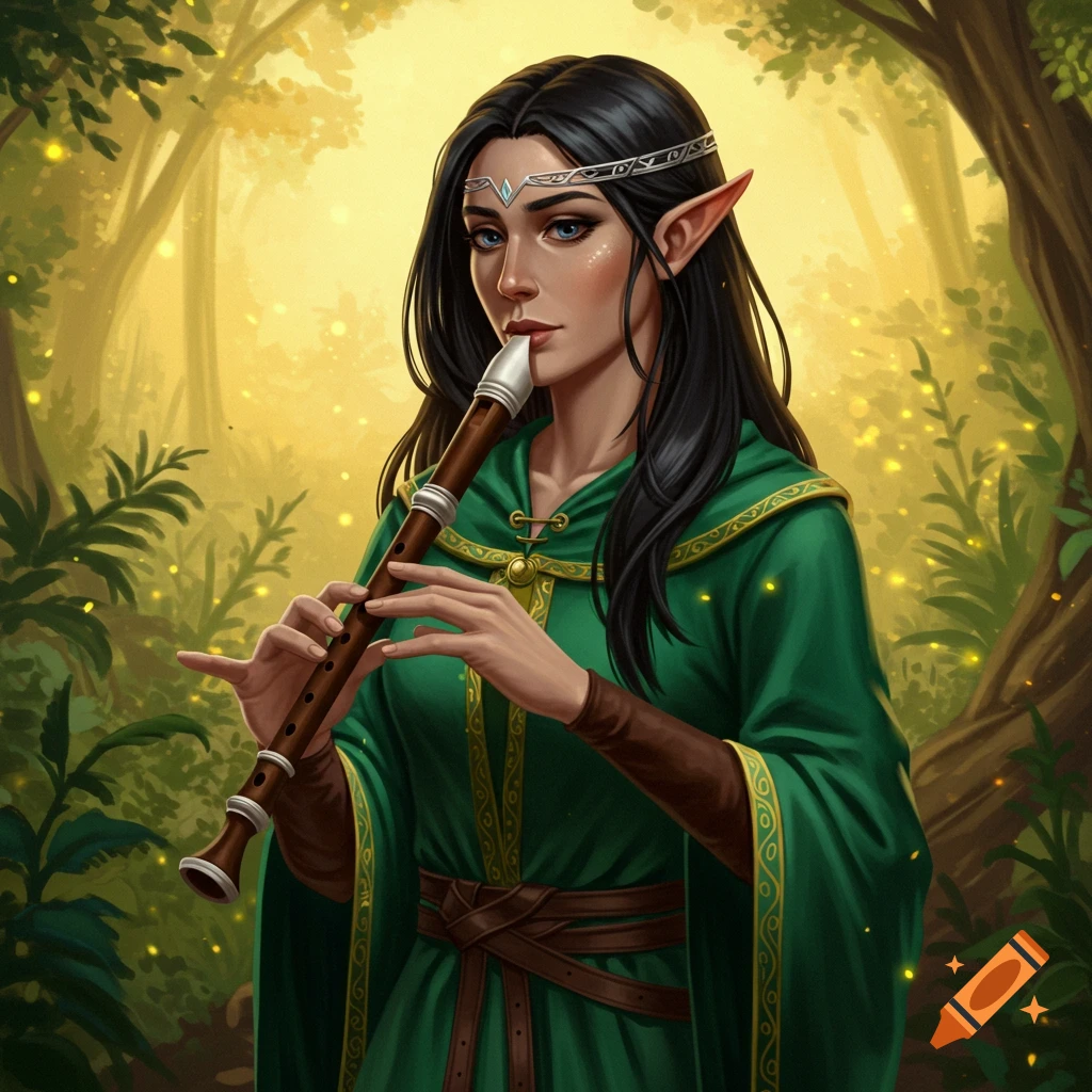 A female elf playing a flute in a sunlit forest.