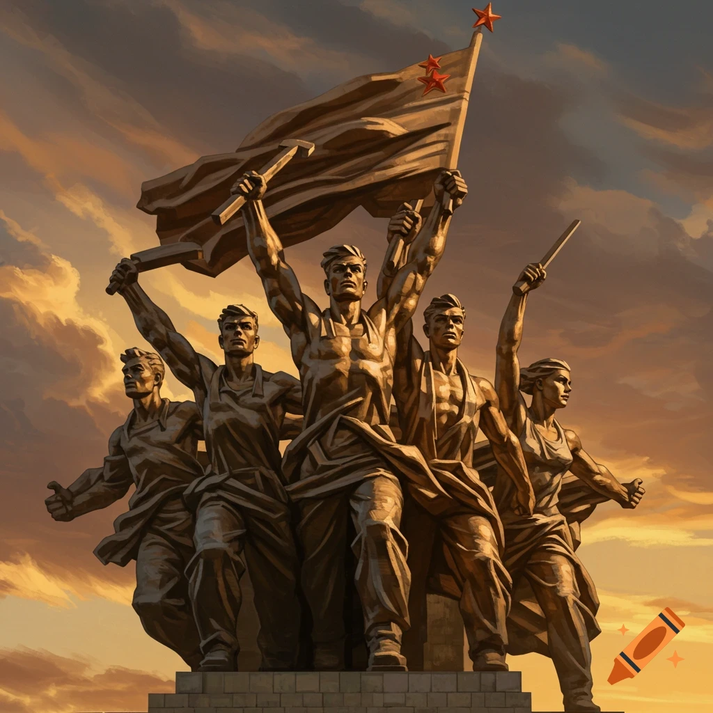 bronze Soviet-style sculpture of figures holding a flag with hammer and sickle