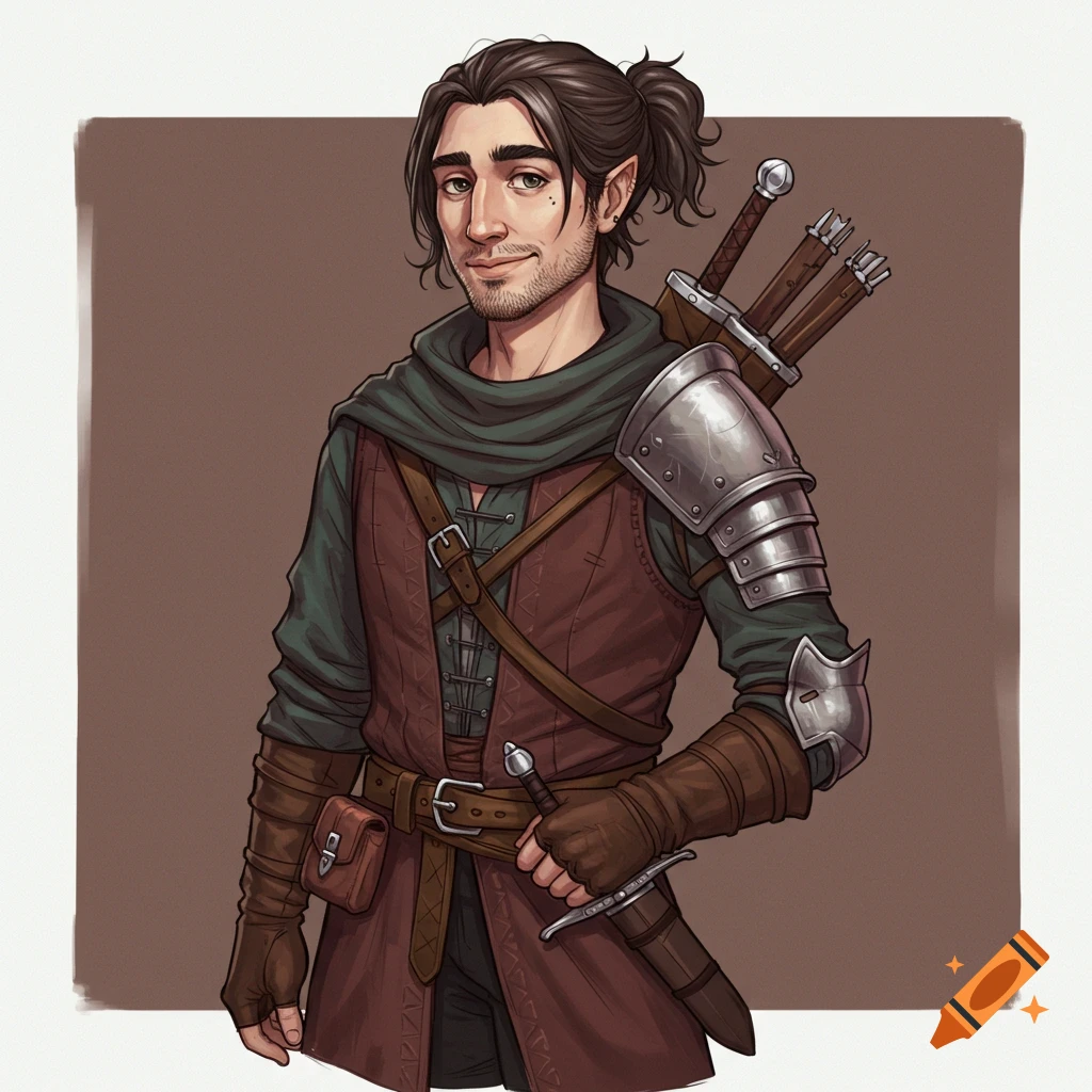 Image of a male fantasy character with pointed ears, dark hair tied back, beard, and armor, holding a sword.