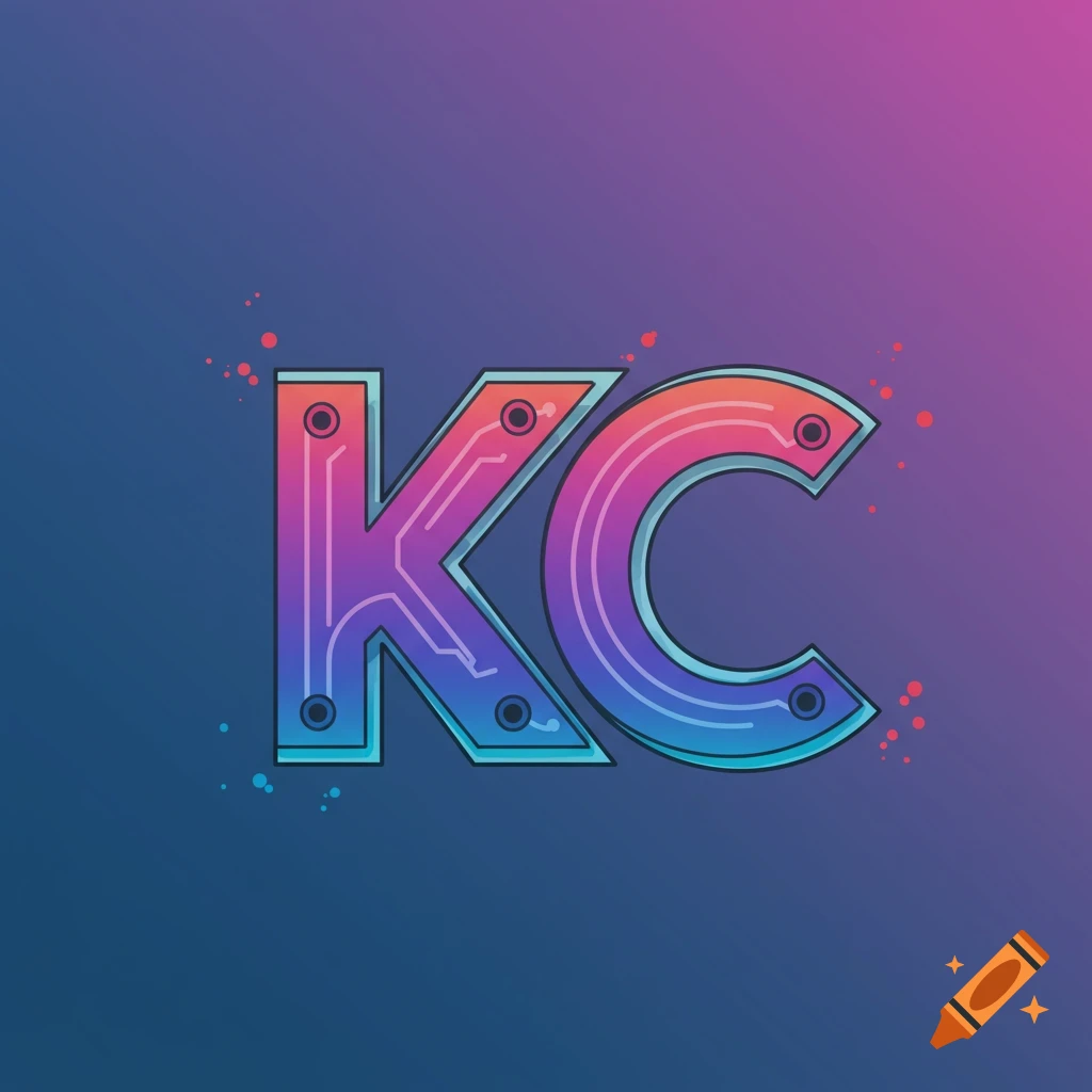 A digital illustration of the letters KC forming a logo with a circuit board pattern and gradient background.