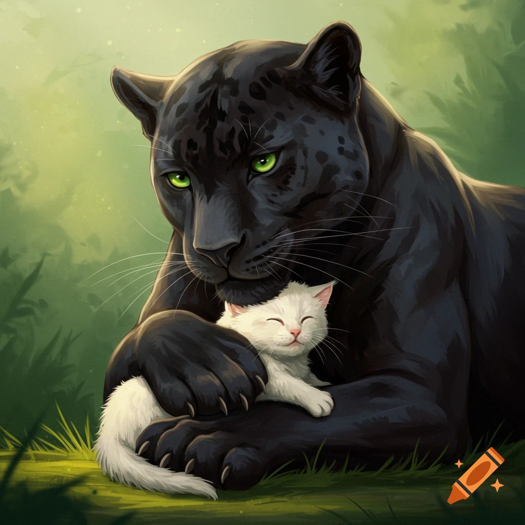 A black panther cuddling a small white kitten in a forest.