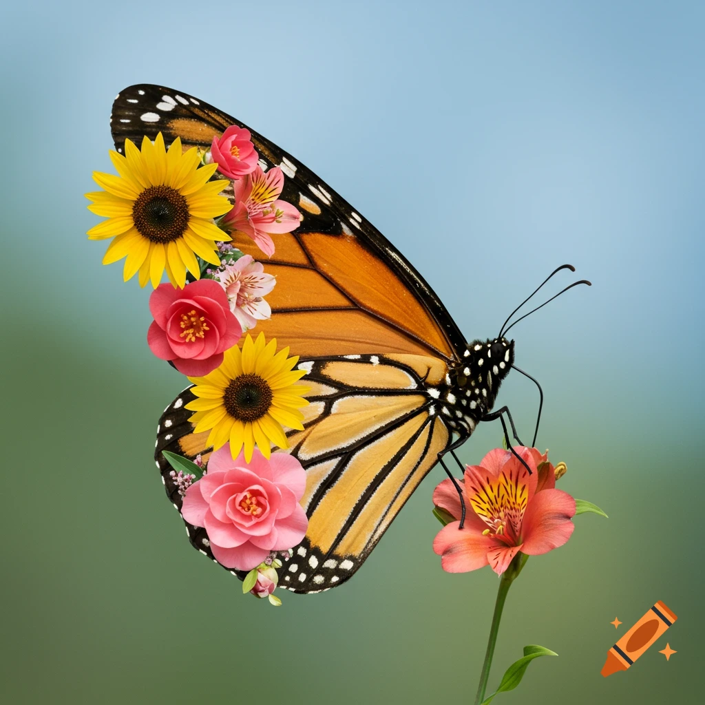 A monarch butterfly with colorful flowers like sunflowers, camellias, and lilies replacing its left wing.