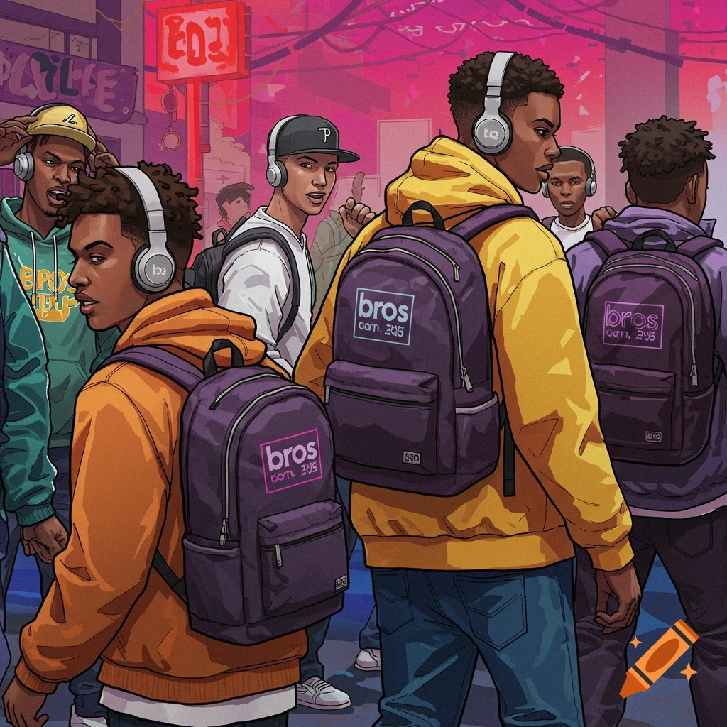 Young men with backpacks and headphones in a city street.