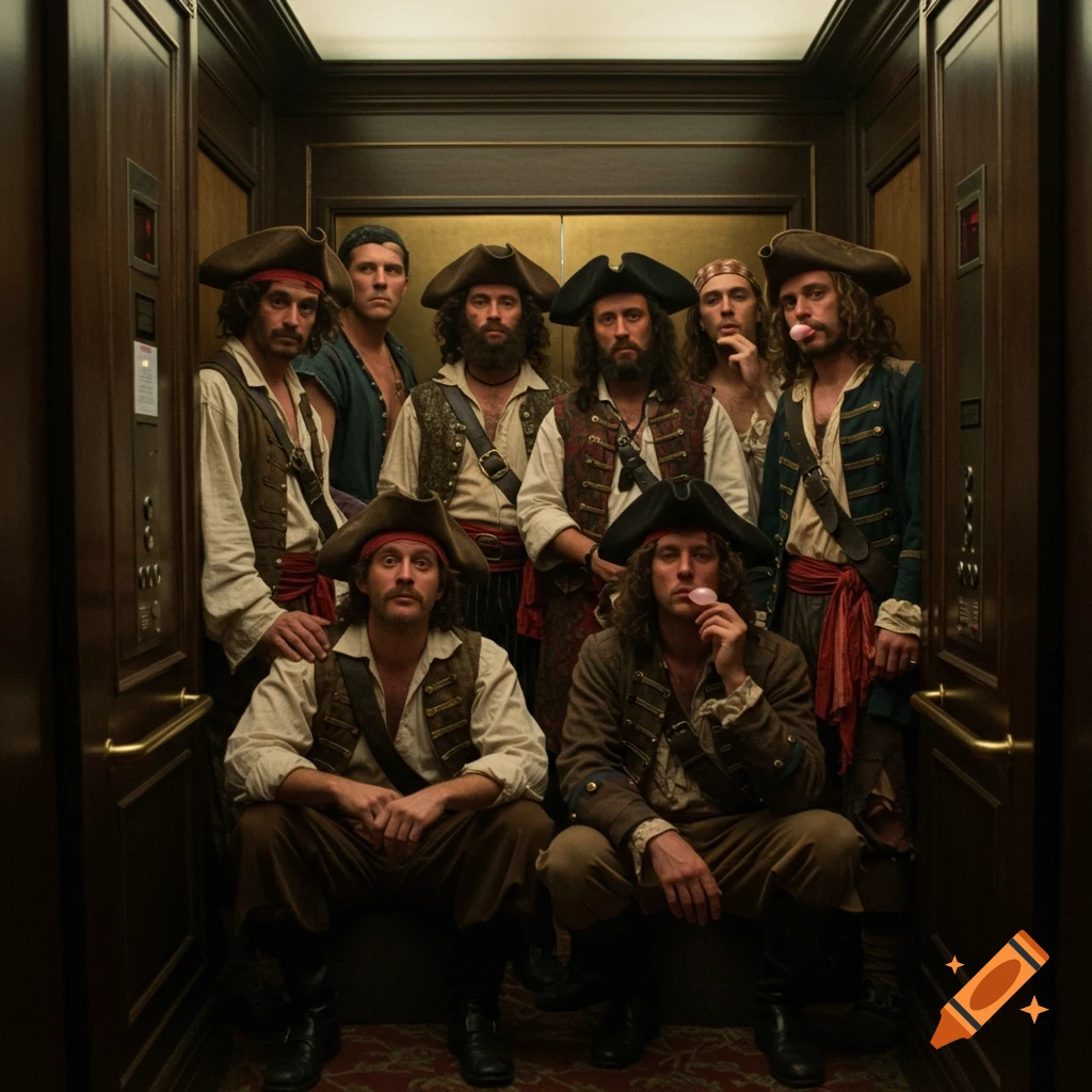 A photo of several pirates looking bored while standing and sitting in a fancy hotel elevator.