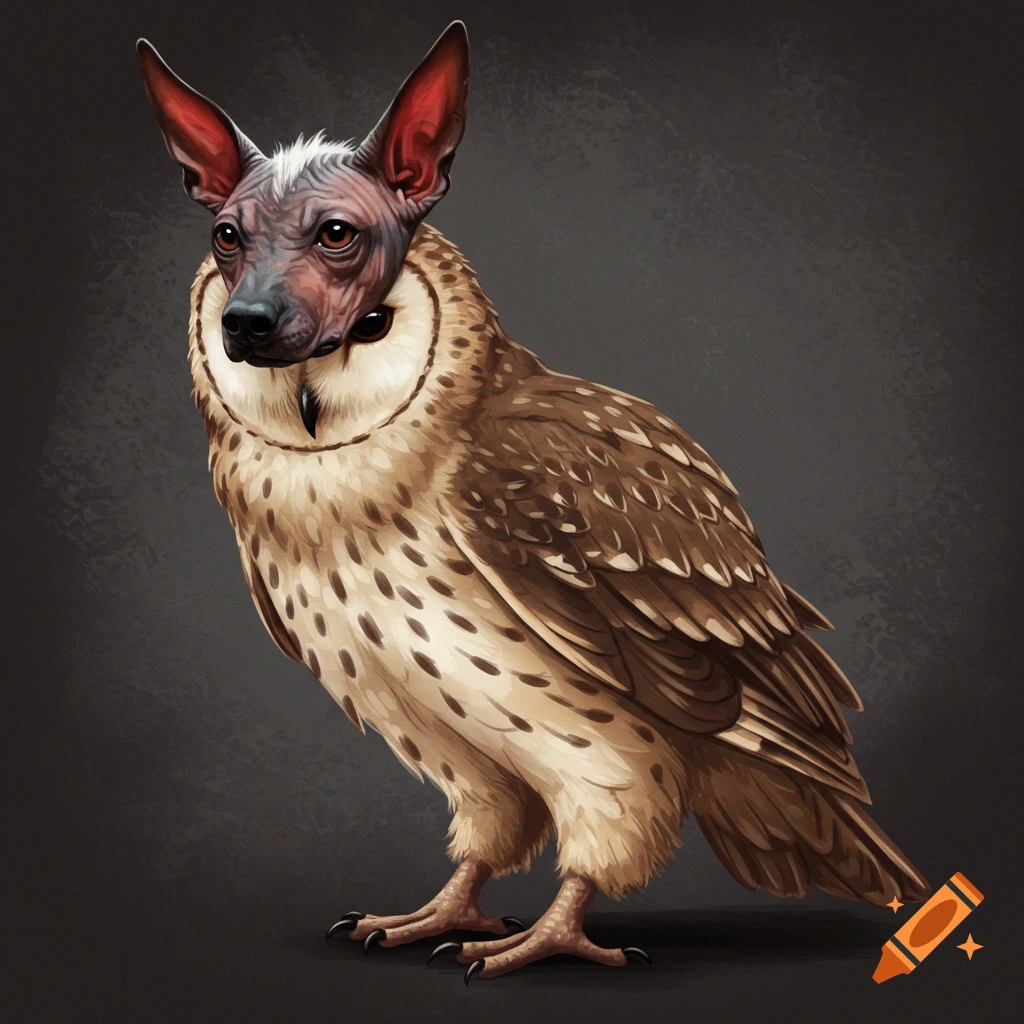 A creature with a Xoloitzcuintli dog head and an owl body.
