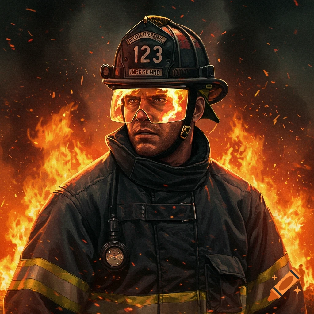 A firefighter in gear stands in front of flames and smoke.