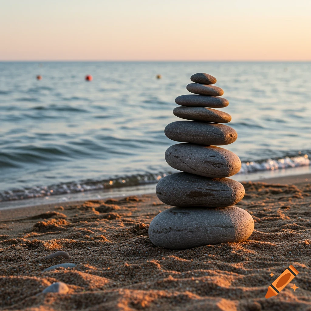 Stacked stones on a sandy beach at sunset with the sea in the background, photorealistic.