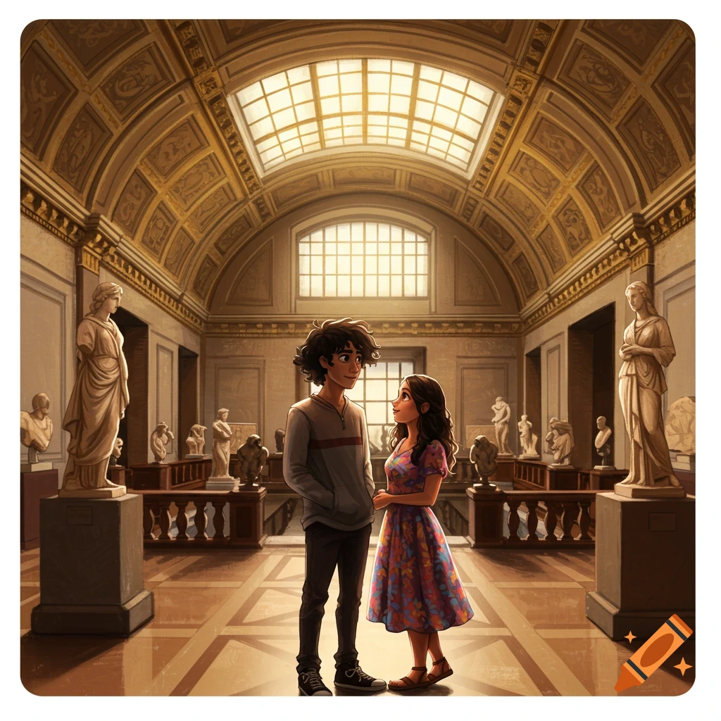 A young couple looking at each other in a museum.
