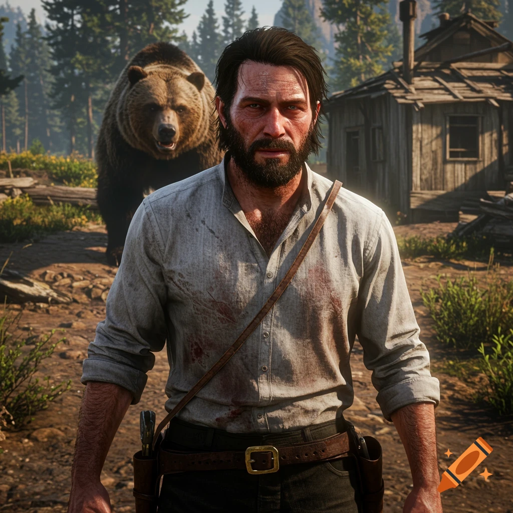 A man with a beard and bloodstained shirt stands in front of a charging bear and a cabin in the wilderness, photorealistic style.