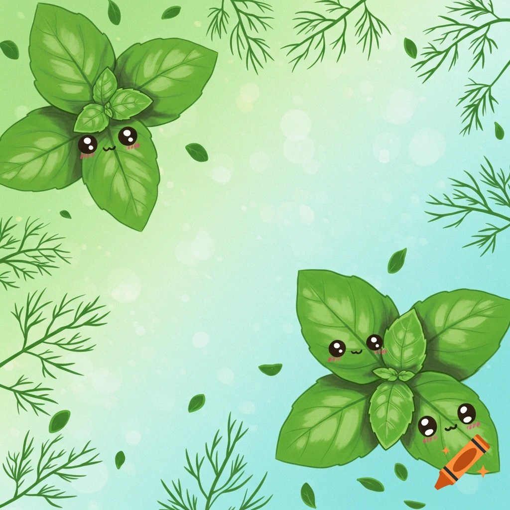 Kawaii basil and dill illustration on a green and blue background with falling leaves.