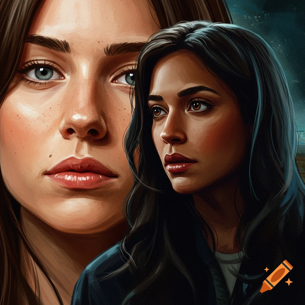 Two women's faces, one large and close-up, the other smaller in the background.