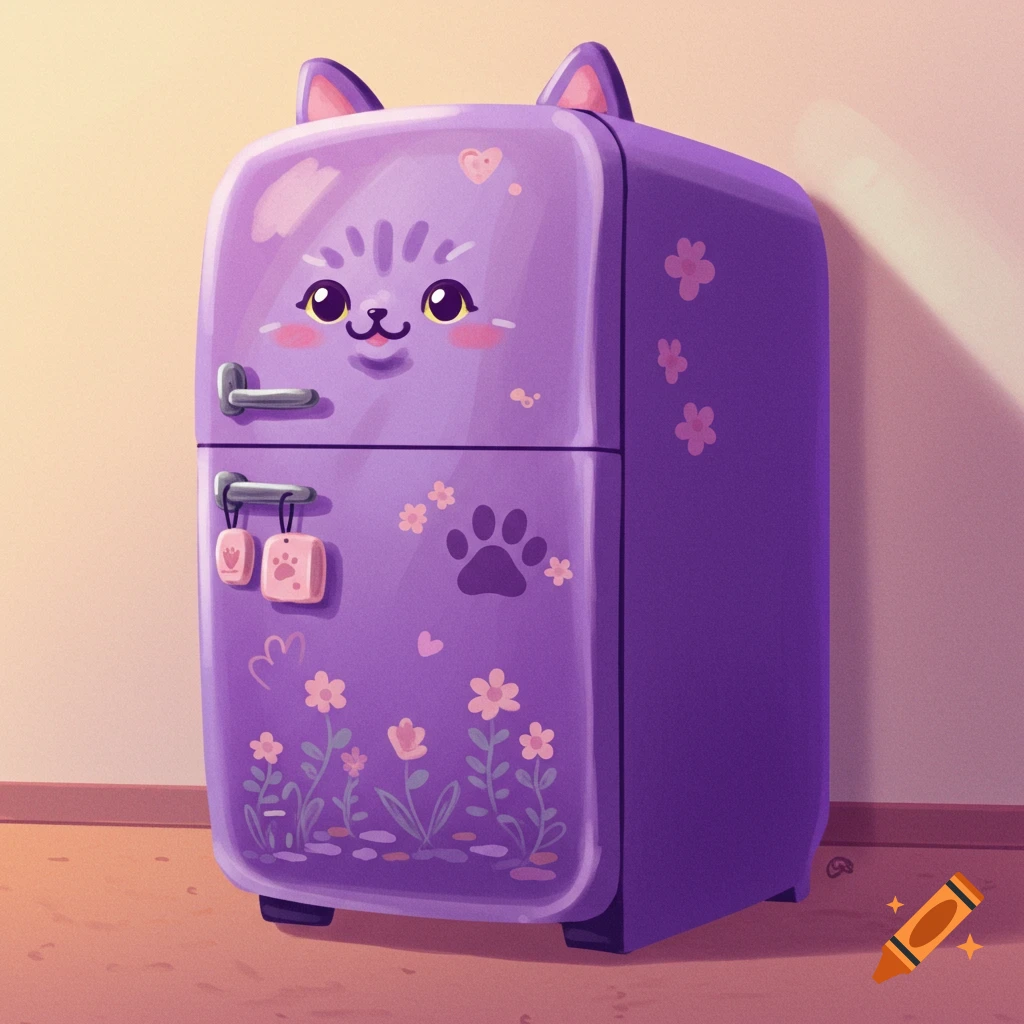A purple refrigerator designed like a cat, decorated with flowers and paw prints.