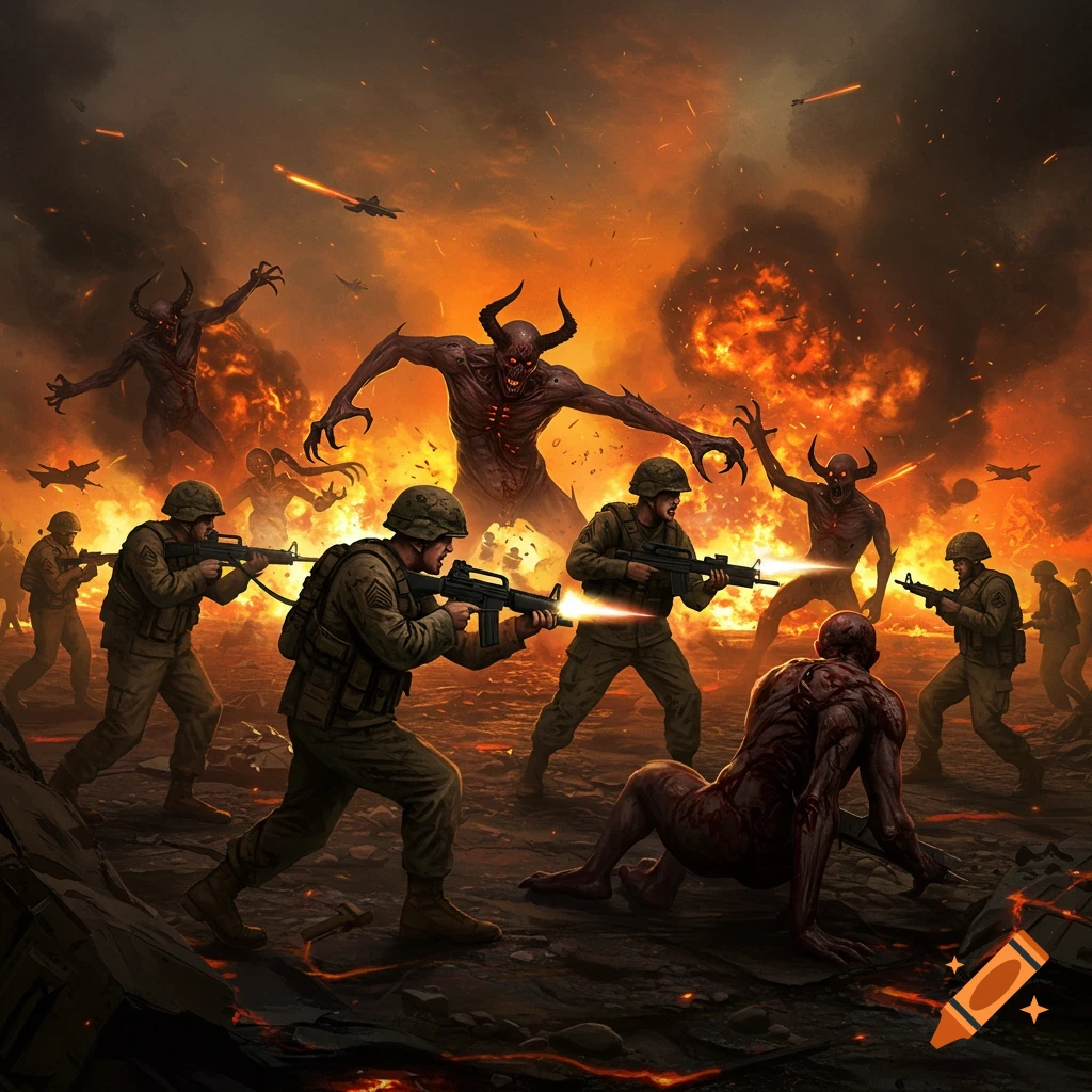 Soldiers battling demons in a fiery, scorched earth landscape.