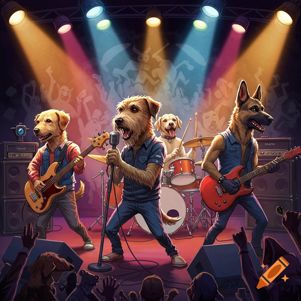 A band of dogs performing rock music on stage with stage lighting
