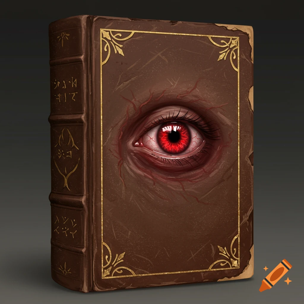 A brown book with a bloodshot red eye on the cover.